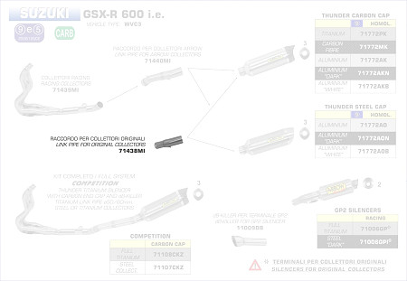  Arrow Zwischenrohr für Endschalldämpfer Thunder und Works für Originalkrümmer
 Suzuki GSX-R 750 i.e., Bj. 2011-2016 