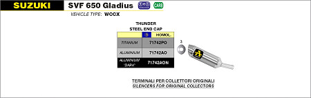  Arrow Thunder Aluminium schwarz mit Edelstahl-Endkappe
 Suzuki SVF 650 Gladius, Bj. 2009-2015 
